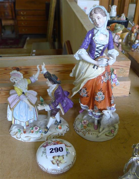 2 Sitzendorf figures and Dresden circular box